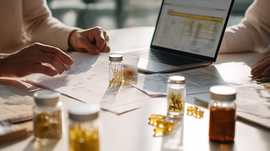 Equipo formulador de isâen revisando la composición de una fórmula sobre la mesa de trabajo, con viales de ingredientes y documentación técnica