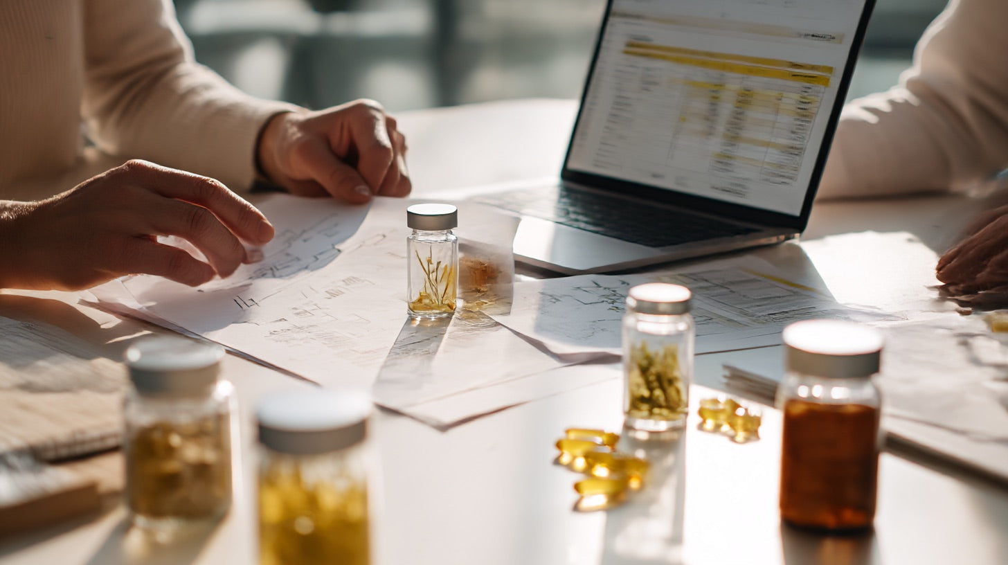 Equipo formulador de isâen revisando la composición de una fórmula sobre la mesa de trabajo, con viales de ingredientes y documentación técnica