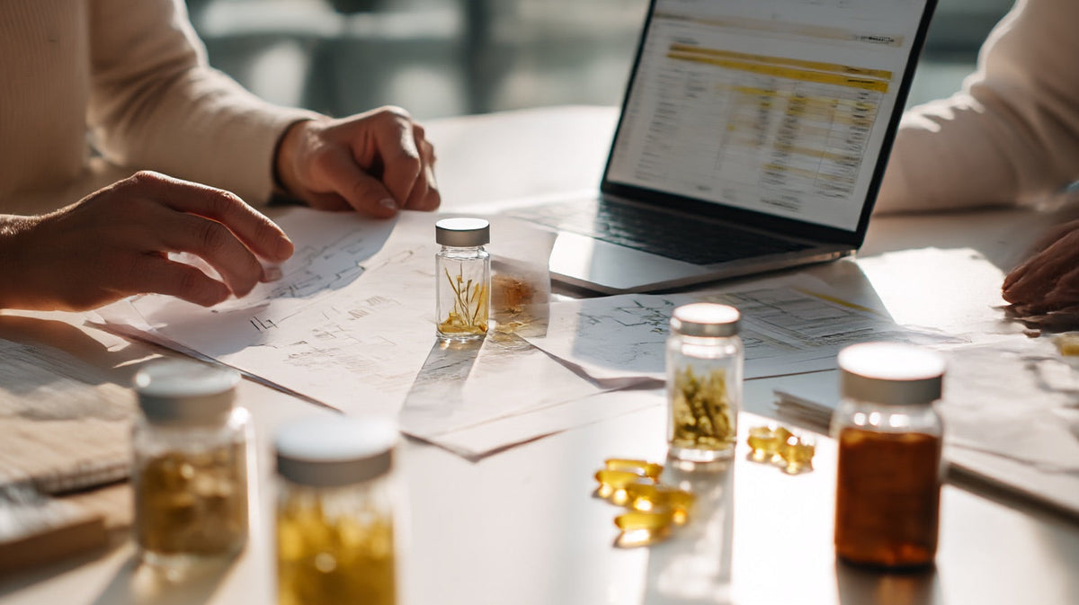 Equipo formulador de isâen revisando la composición de una fórmula sobre la mesa de trabajo, con viales de ingredientes y documentación técnica