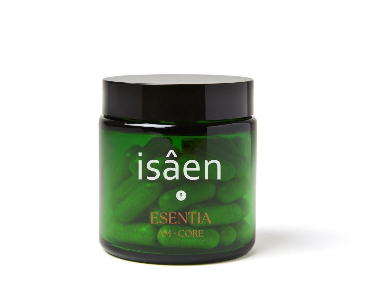 ESENTIA AM·CORE de isâen — suplemento matutino para energía y foco en perimenopausia (vista frontal)
