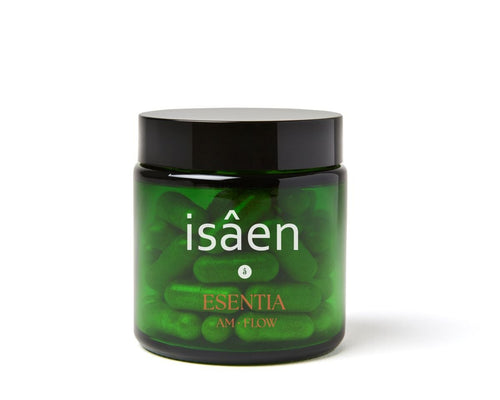 ESENTIA AM·FLOW de isâen — suplemento matutino para claridad mental y equilibrio hormonal (vista frontal)
