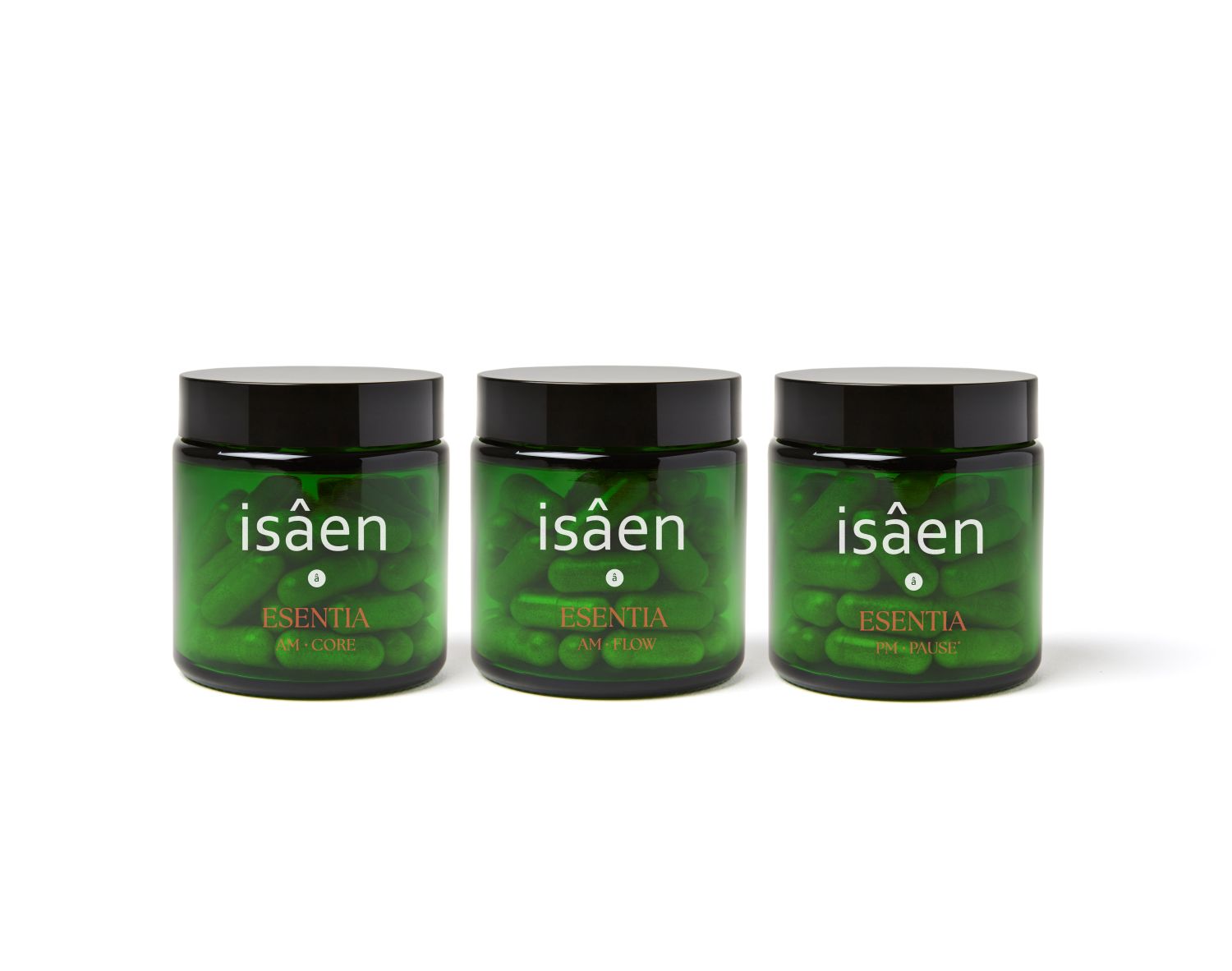 Ritual Completo ESENTIA de isâen — pack AM·CORE, AM·FLOW y PM·PAUSE para perimenopausia (vista frontal)