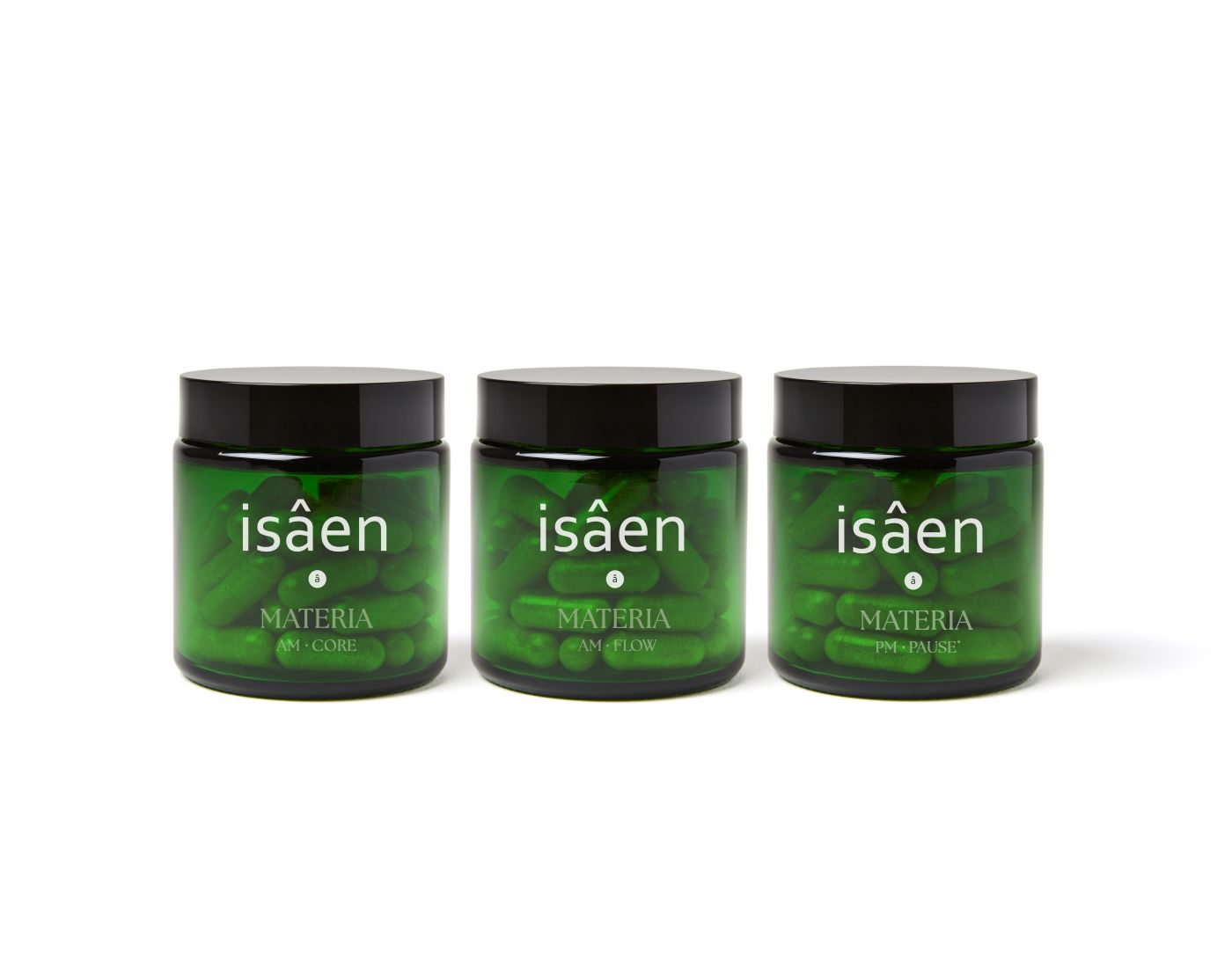 Ritual Completo MATERIA de isâen — pack AM·CORE, AM·FLOW y PM·PAUSE para rendimiento físico (vista frontal)